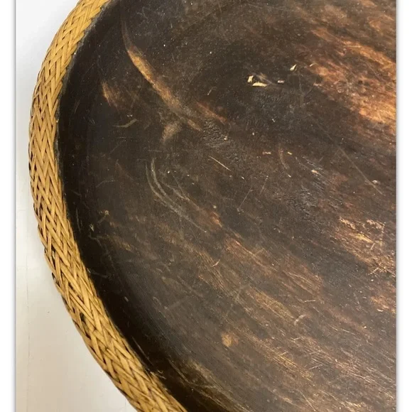 Vintage Hand Carved Lombok Indonesian 15”D Solid Wood Bowl Rattan Basket Rim - Picture 4 of 13